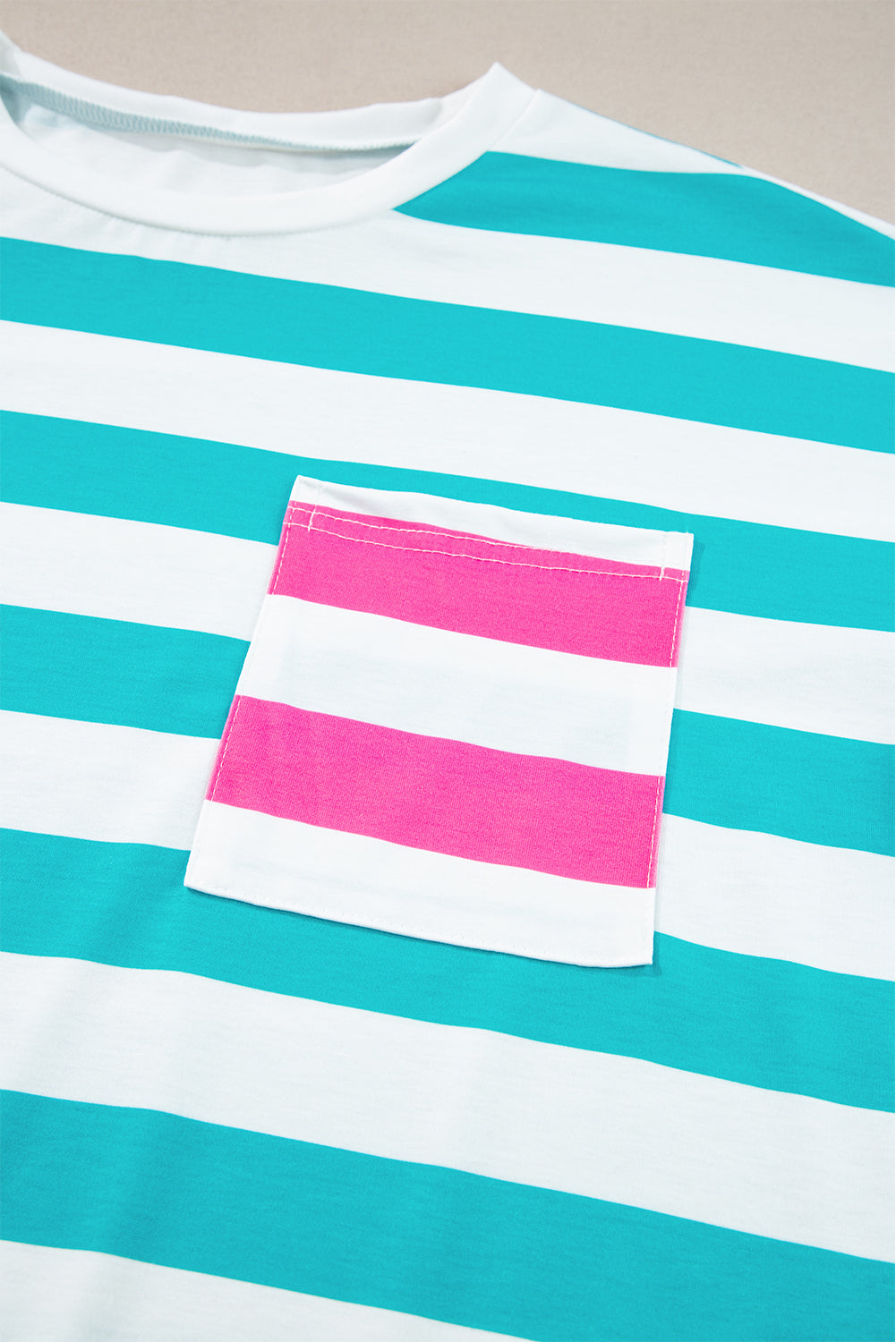 Blue Stripe Patch Pocket Drop Sleeve Slits T Shirt