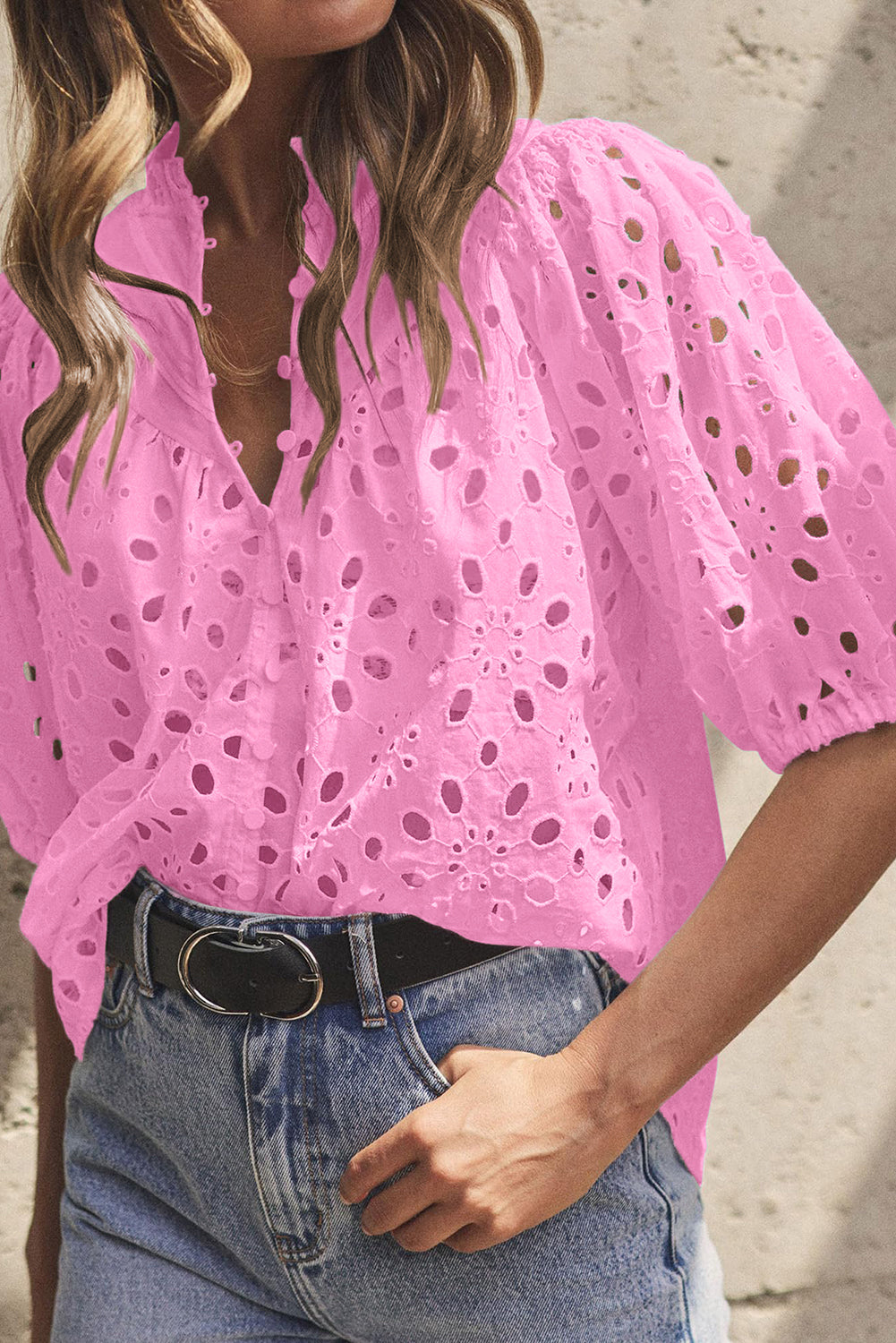 Black Hollow-out Flower Embroidered Short Puff Sleeve Blouse