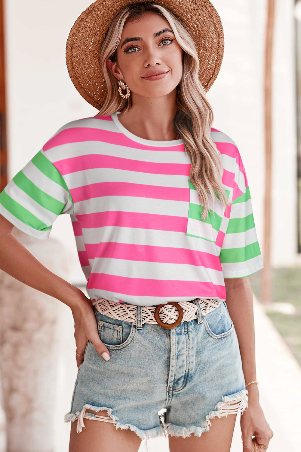 Blue Stripe Patch Pocket Drop Sleeve Slits T Shirt