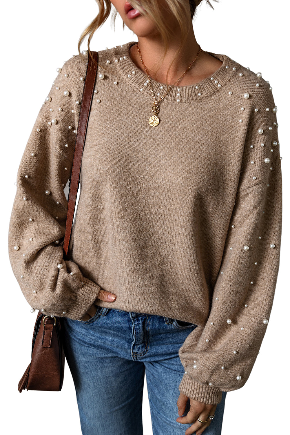 Light Grey Pearl Drop Shoulder Round Neck Sweater