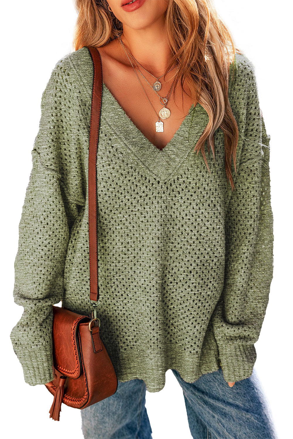 Light Grey Plain Oversized Hollowed Knit Sweater