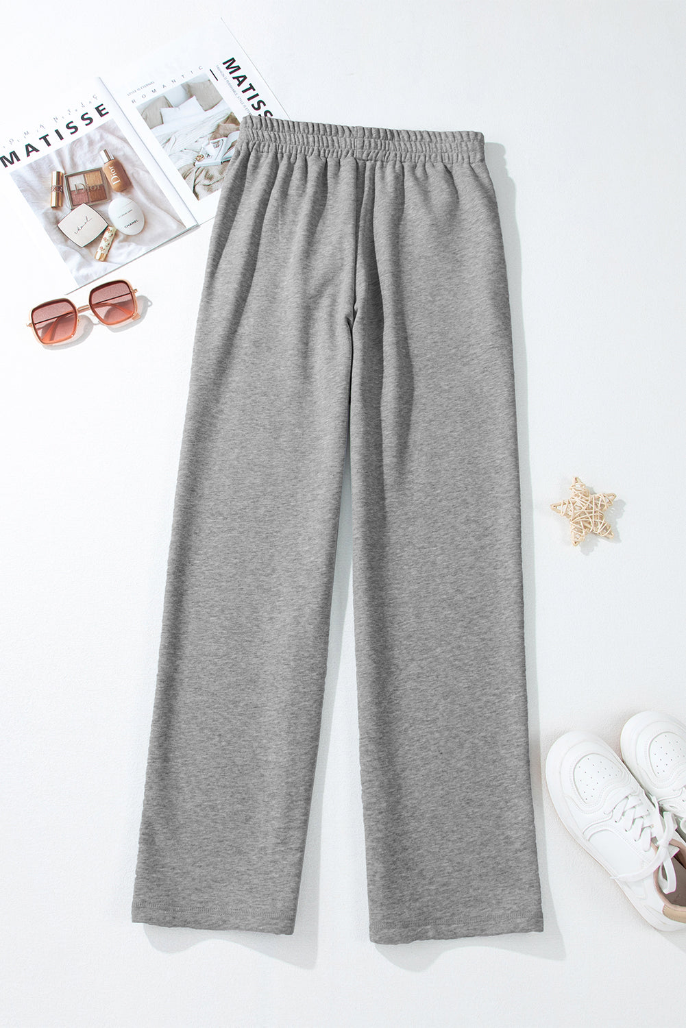 Black Solid Color Fleece Lined Drawstring Waist Pants