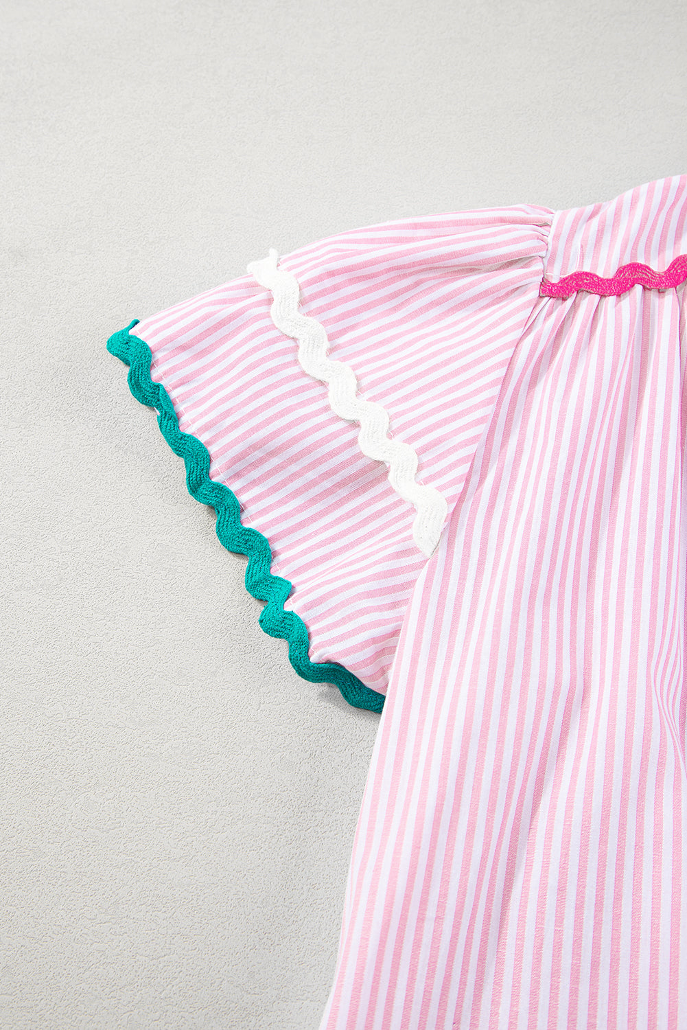 Sky Blue Striped Ricrac Splicing Frill V-Neck Blouse