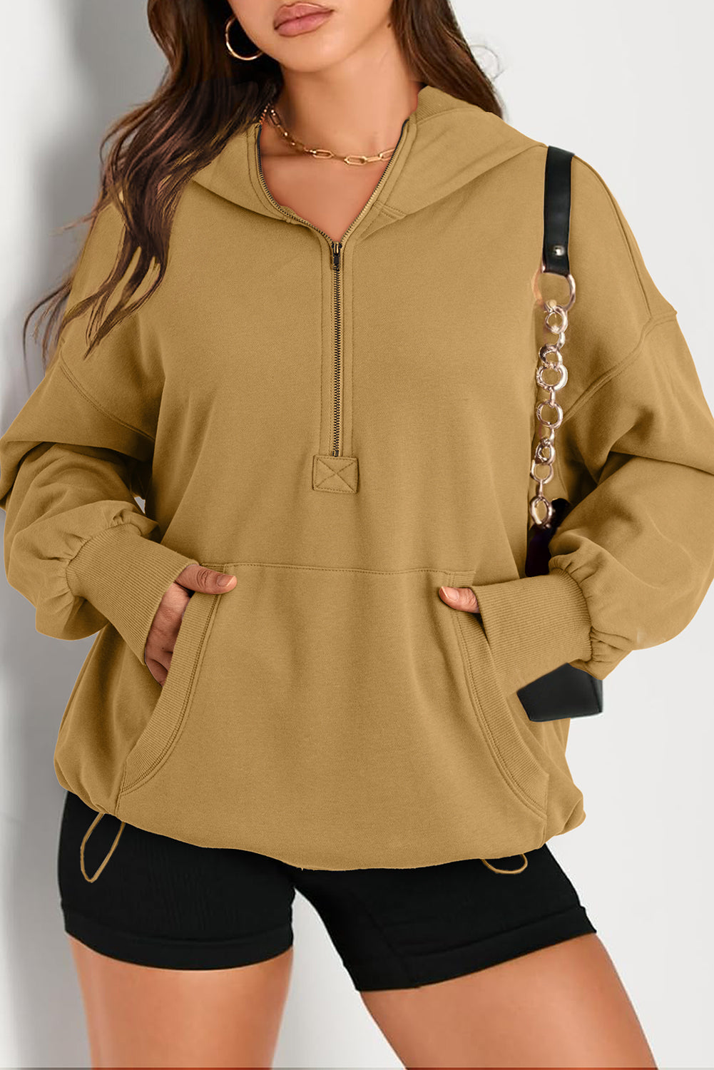 Aruba Blue Kangaroo Pocket Half Zipper Oversized Hoodie