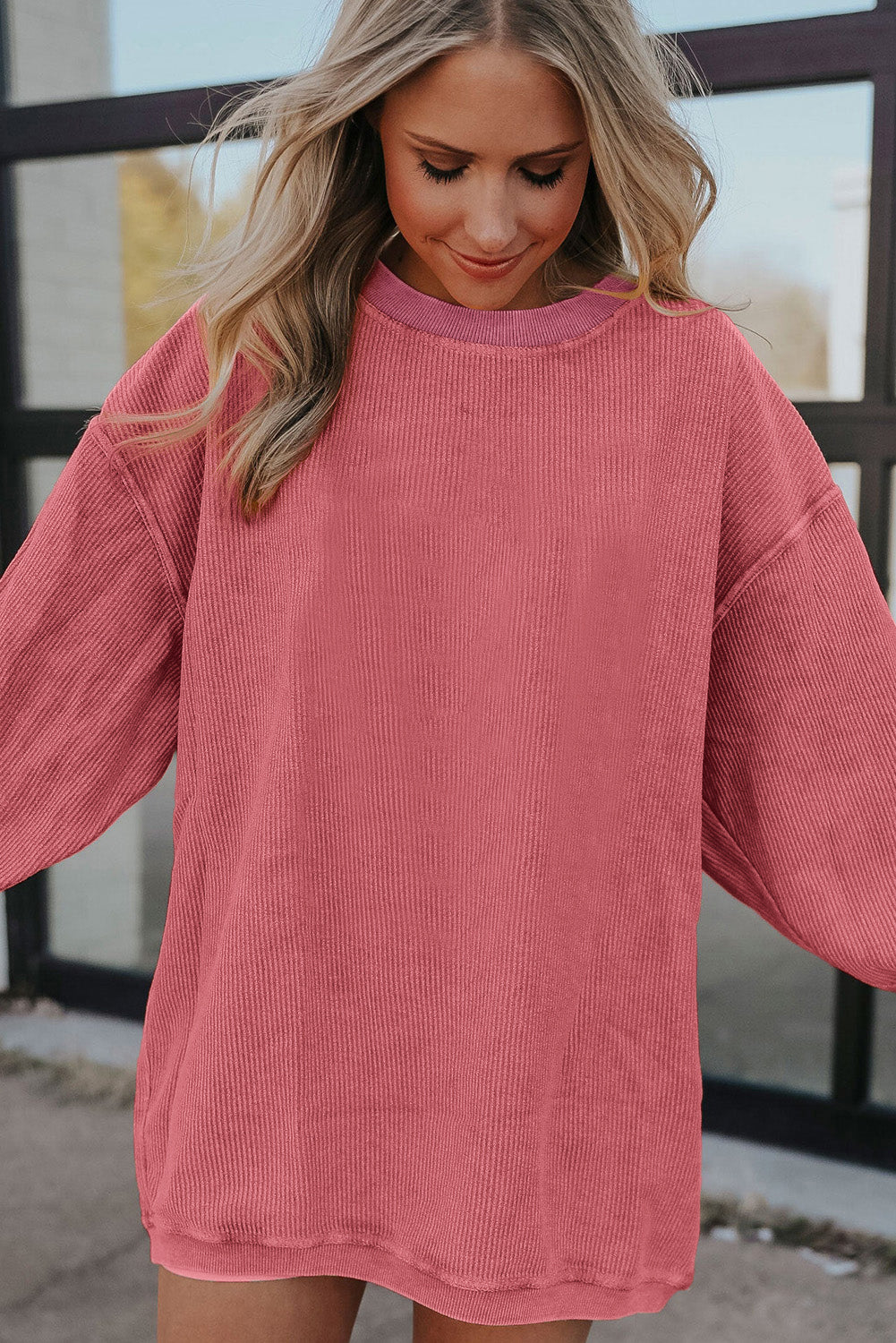 Dark Grey Drop Sleeve Crinkle Rib Oversized Sweatshirt