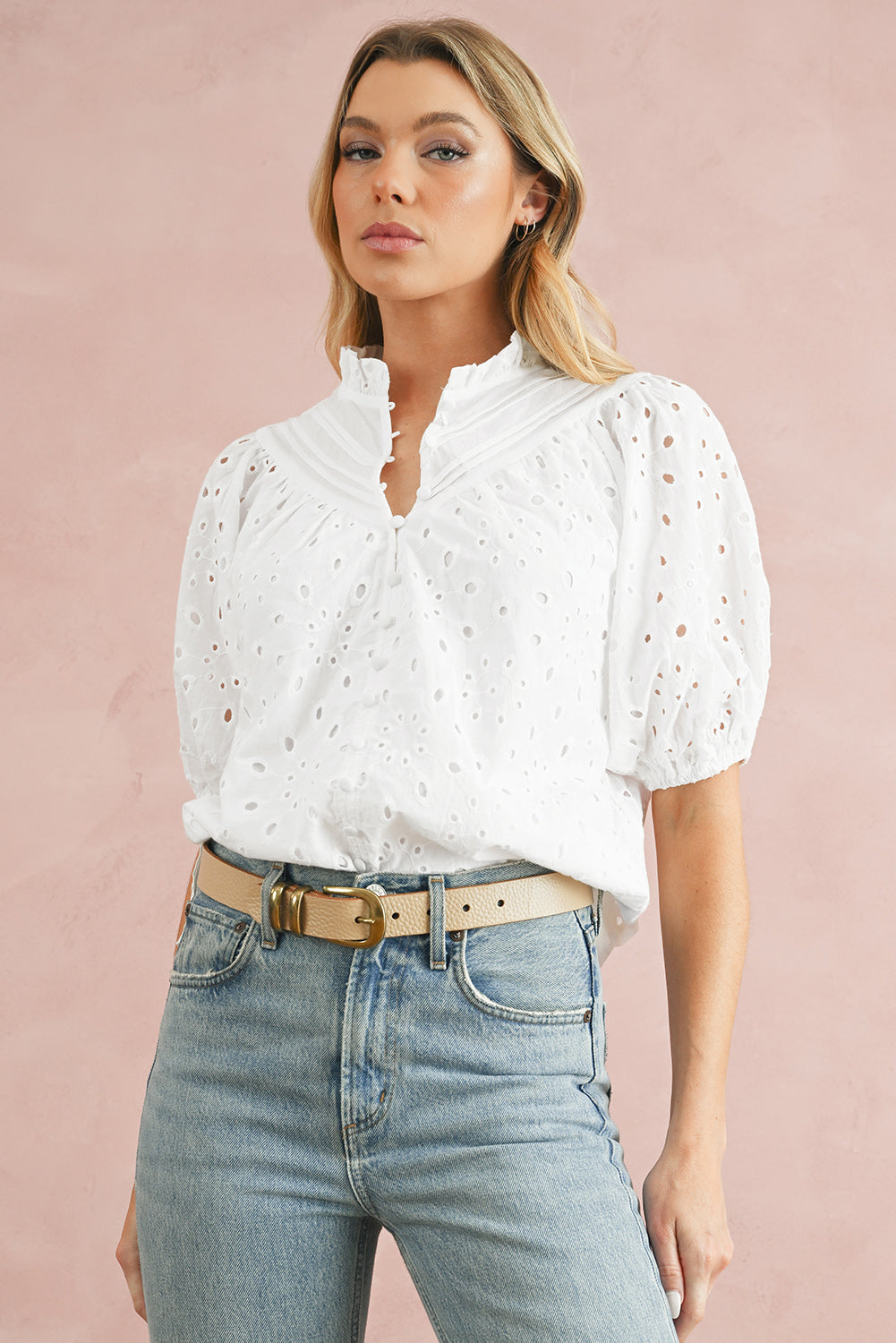 Black Hollow-out Flower Embroidered Short Puff Sleeve Blouse