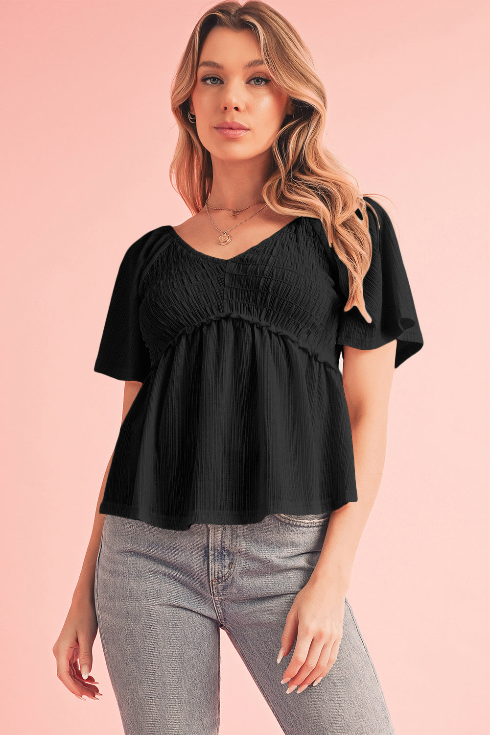 Black Shirred V Neck Short Flutter Sleeve Textured Blouse