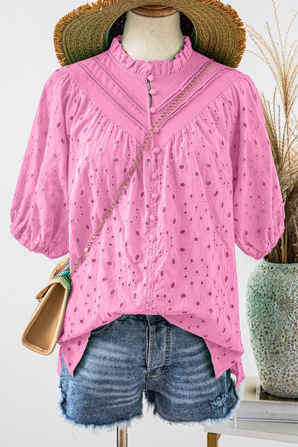 Black Hollow-out Flower Embroidered Short Puff Sleeve Blouse
