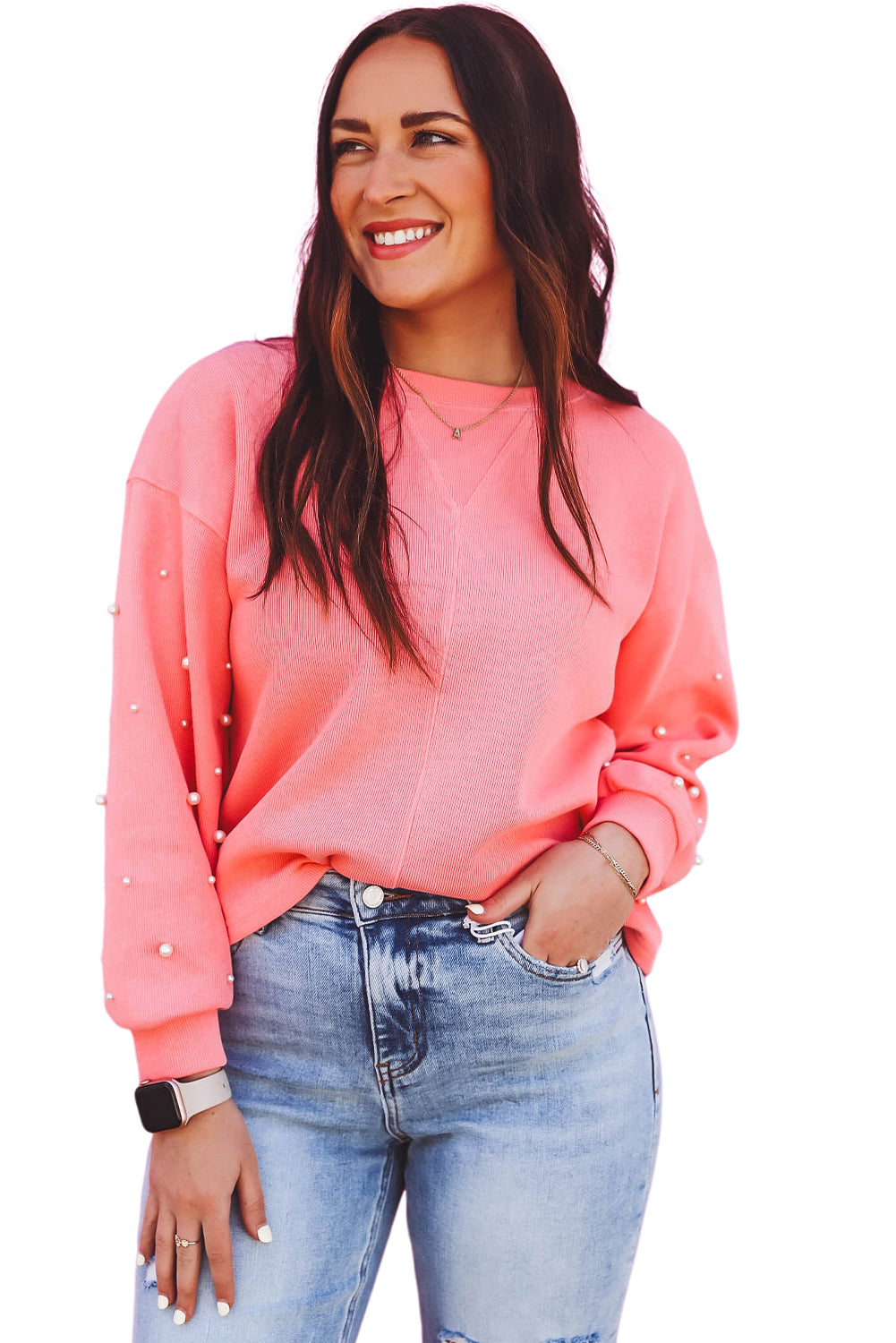 Blossom Pearl Sleeves Ribbed Pullover Sweatshirt