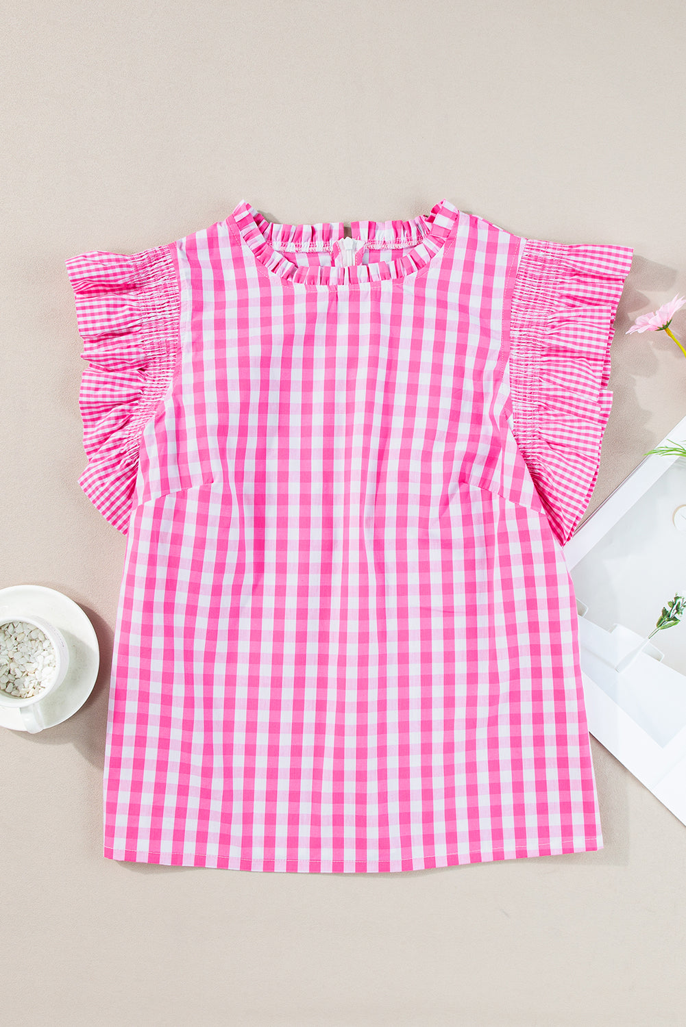 Black Checkered Ruffled Trim Frilled Neck Blouse