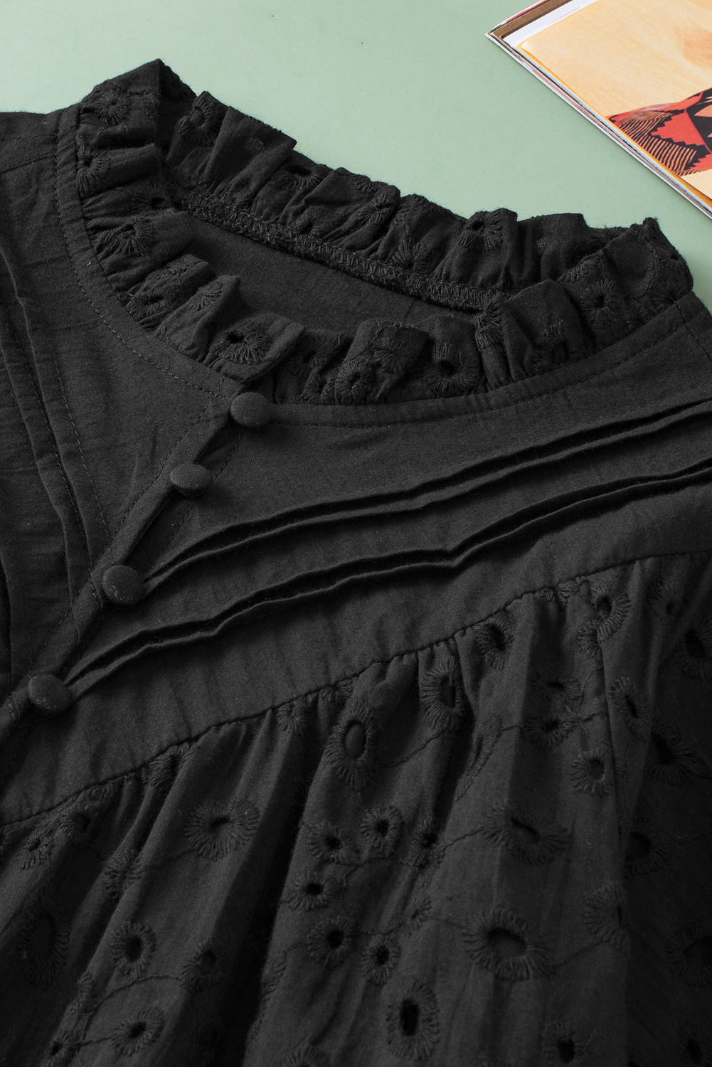 Black Hollow-out Flower Embroidered Short Puff Sleeve Blouse