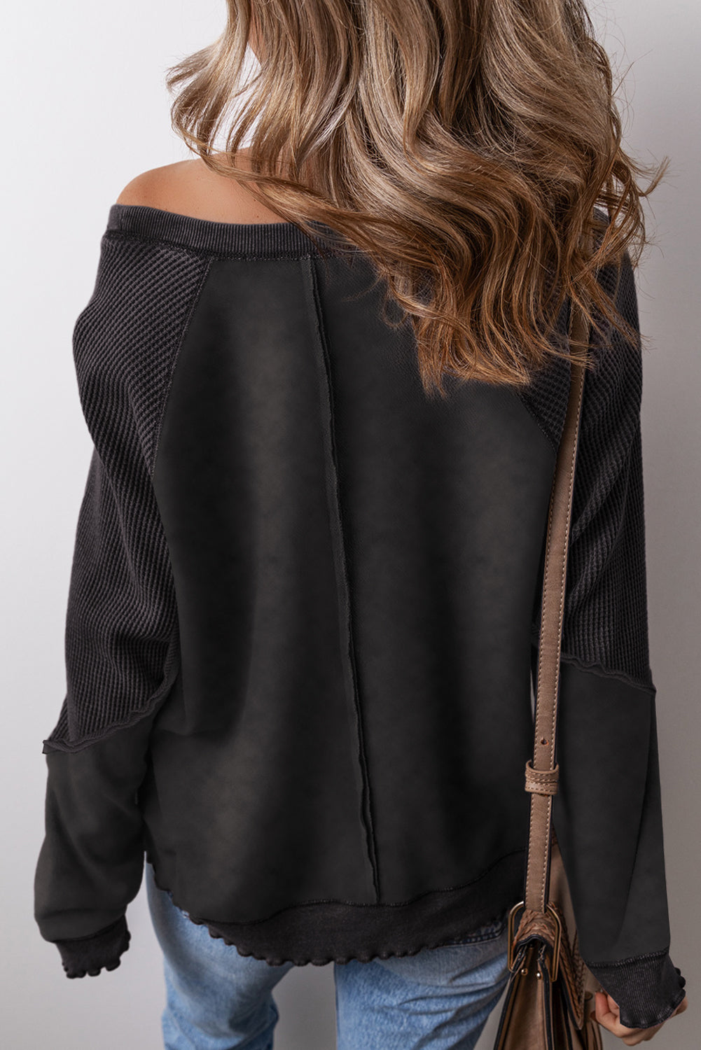 Sail Blue Waffle Knit Patchwork Raglan Sleeve Sweatshirt