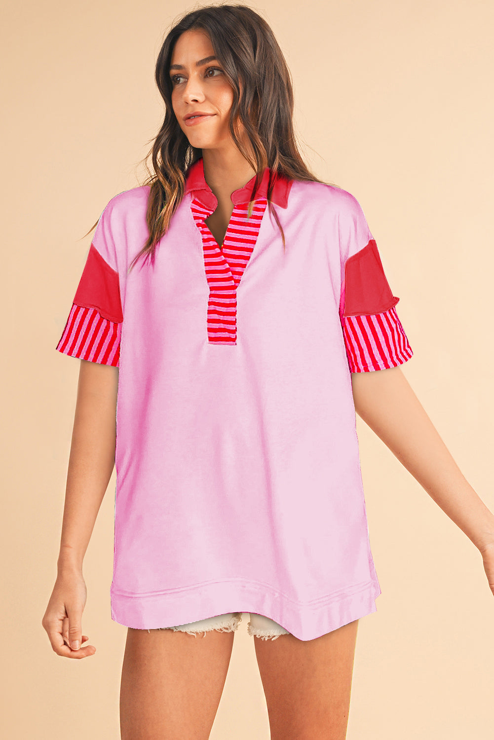 White Stripe Colorblock Sleeve Collared Mini Dress
