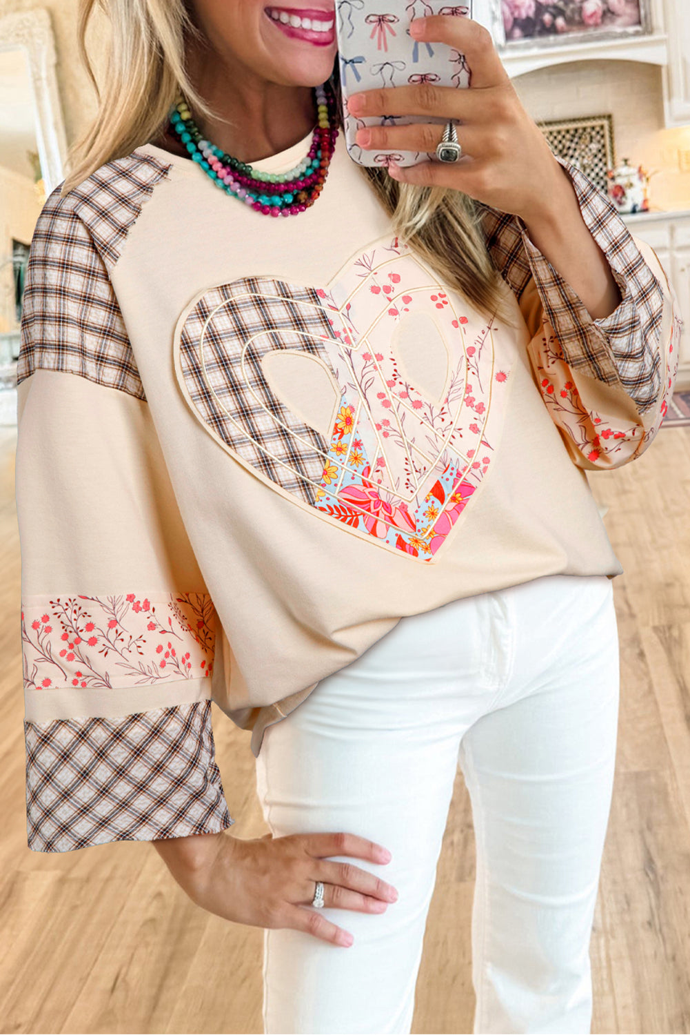 Aqua Plaid Floral Patchwork Heart Long Sleeve Top