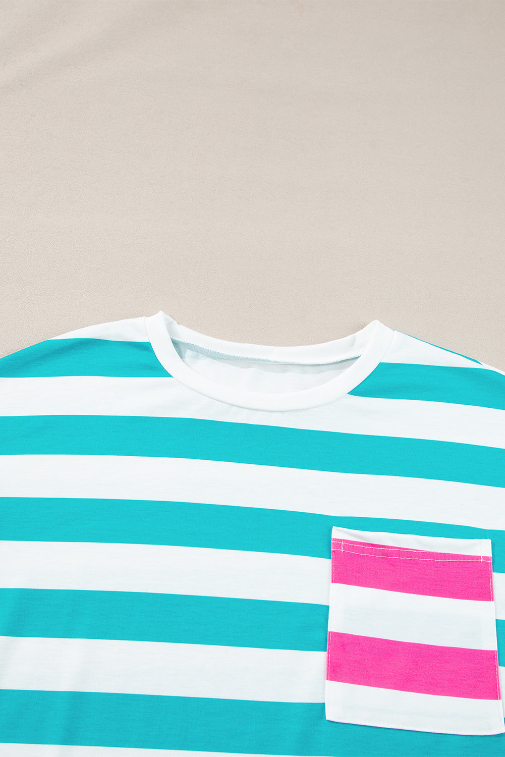Blue Stripe Patch Pocket Drop Sleeve Slits T Shirt