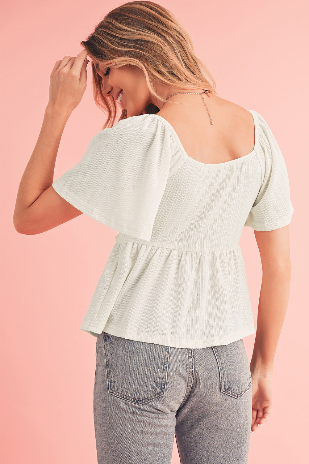 Black Shirred V Neck Short Flutter Sleeve Textured Blouse