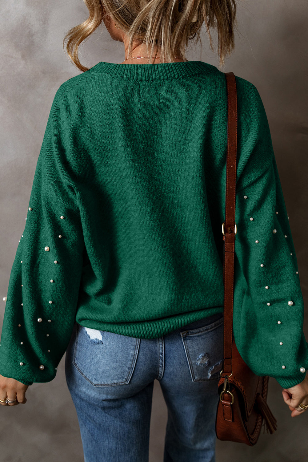 Light Grey Pearl Drop Shoulder Round Neck Sweater