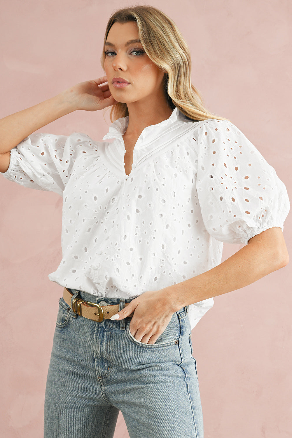 Black Hollow-out Flower Embroidered Short Puff Sleeve Blouse