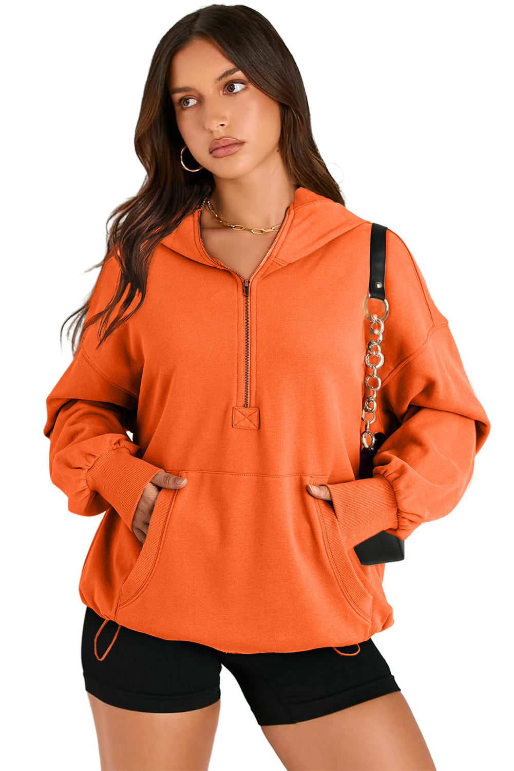 Aruba Blue Kangaroo Pocket Half Zipper Oversized Hoodie