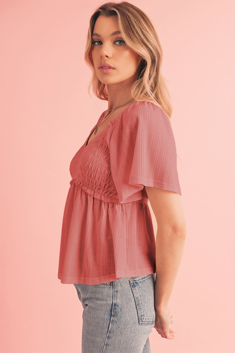 Black Shirred V Neck Short Flutter Sleeve Textured Blouse