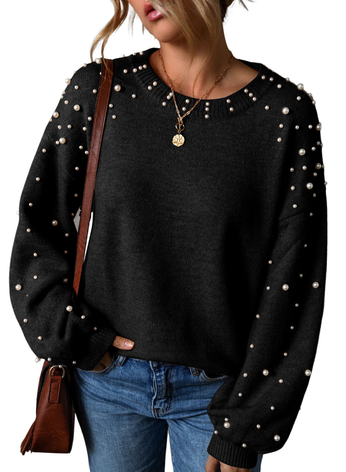Light Grey Pearl Drop Shoulder Round Neck Sweater