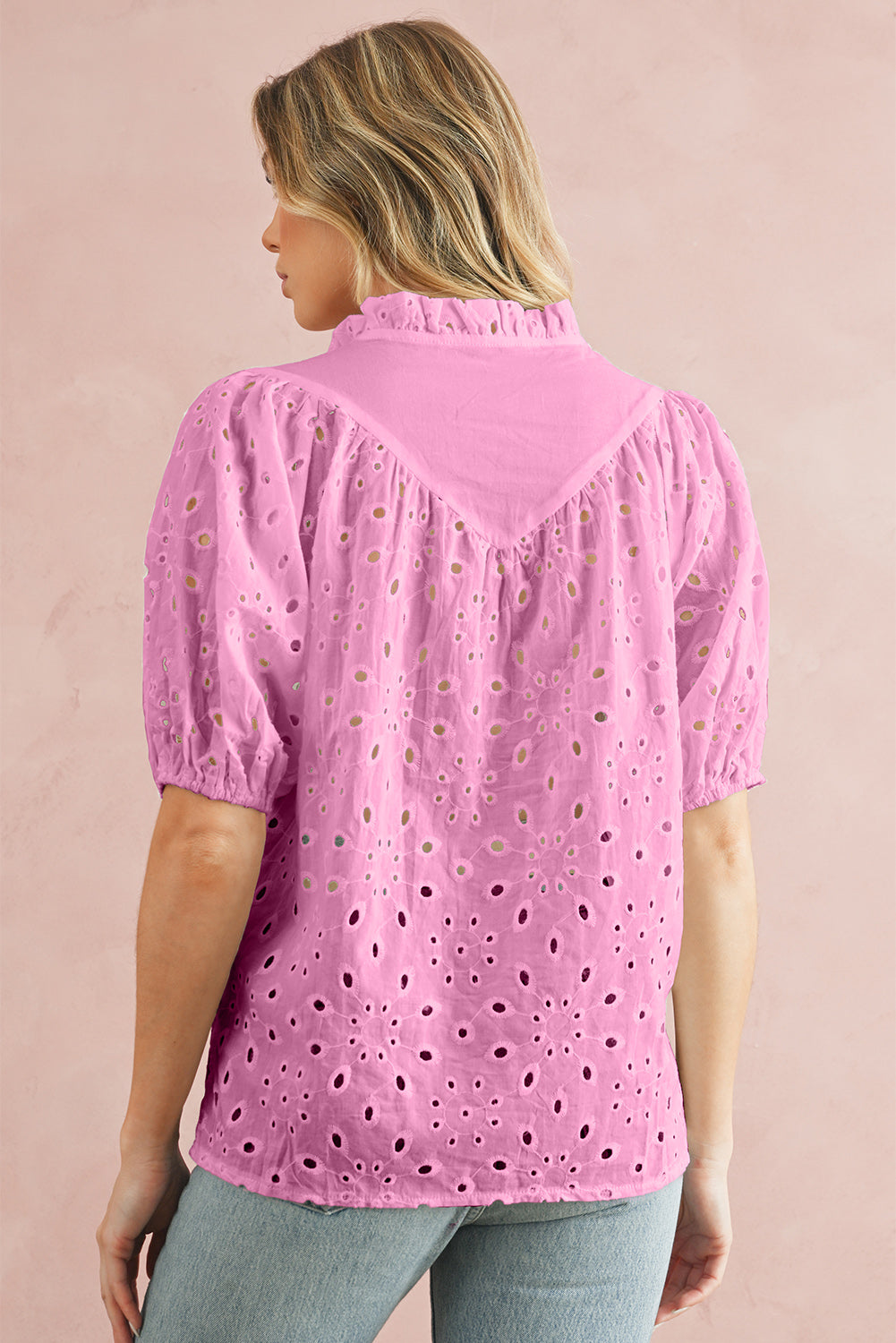 Black Hollow-out Flower Embroidered Short Puff Sleeve Blouse