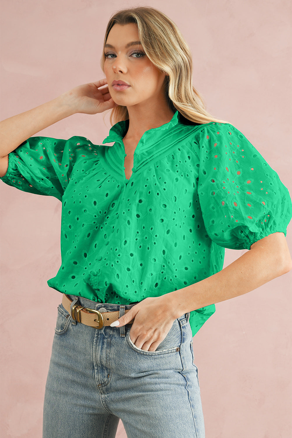 Black Hollow-out Flower Embroidered Short Puff Sleeve Blouse