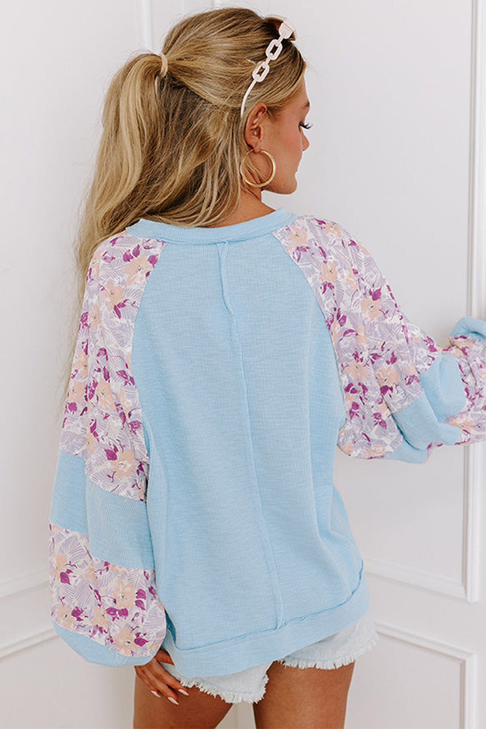 Apricot Crinkle Rib Floral Patchwork Balloon Sleeve Top