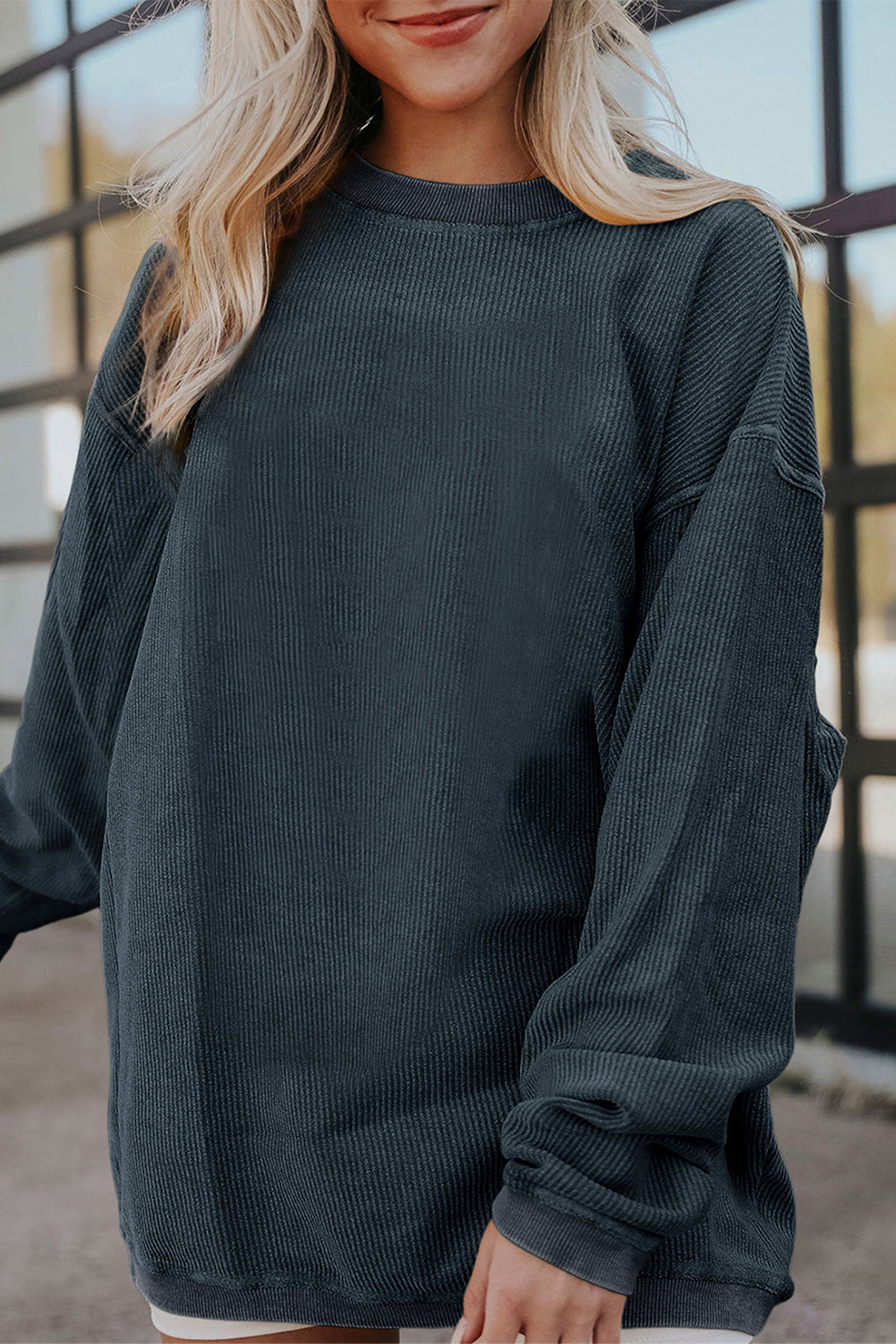 Dark Grey Drop Sleeve Crinkle Rib Oversized Sweatshirt
