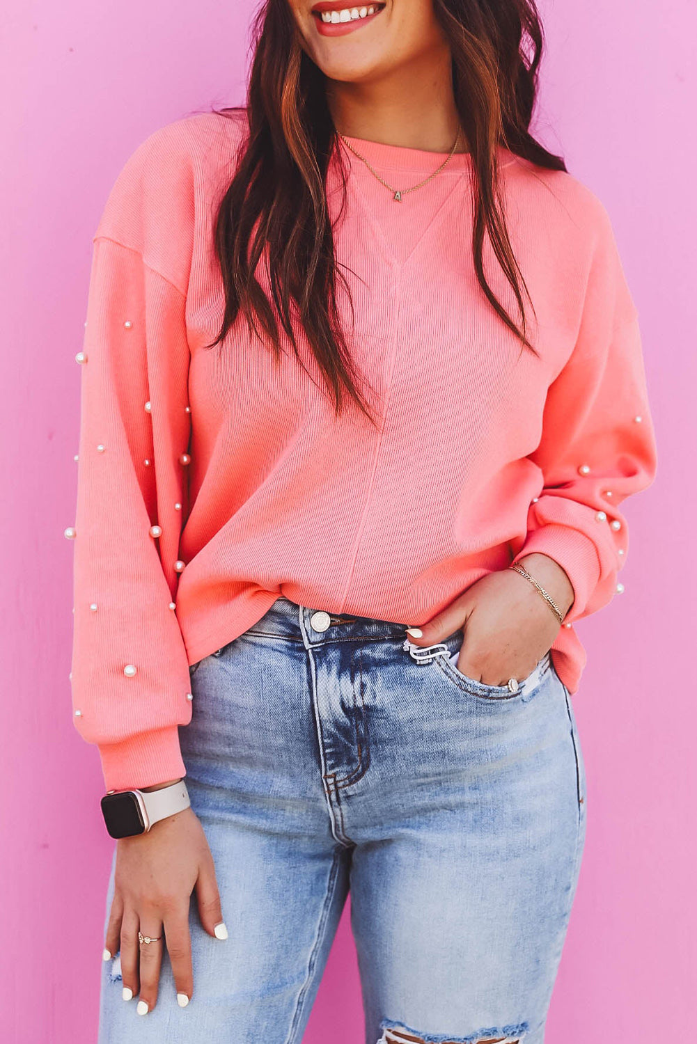 Blossom Pearl Sleeves Ribbed Pullover Sweatshirt