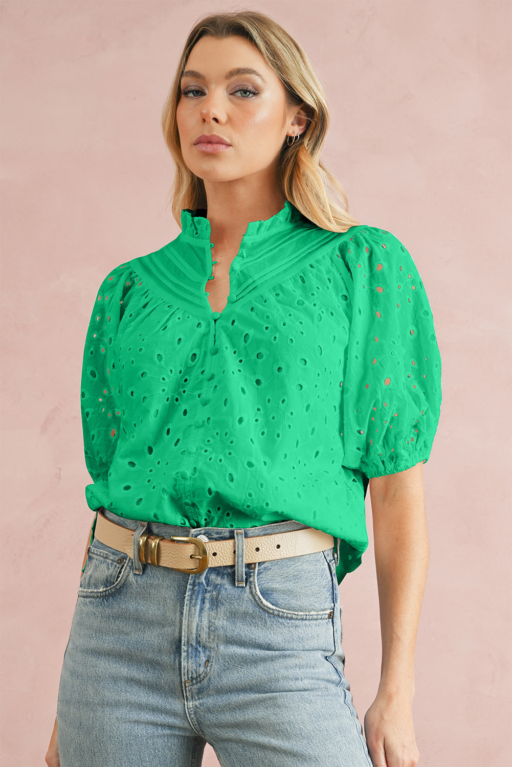 Black Hollow-out Flower Embroidered Short Puff Sleeve Blouse
