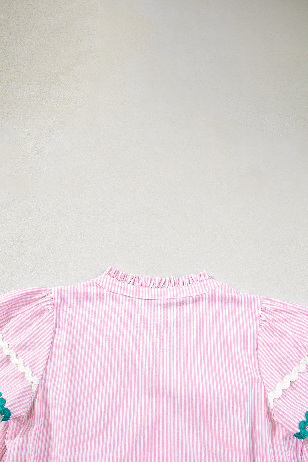 Sky Blue Striped Ricrac Splicing Frill V-Neck Blouse