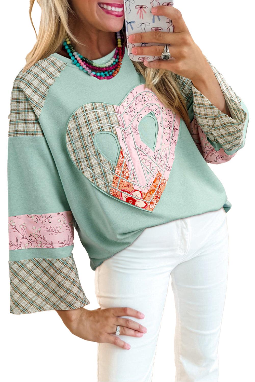 Aqua Plaid Floral Patchwork Heart Long Sleeve Top