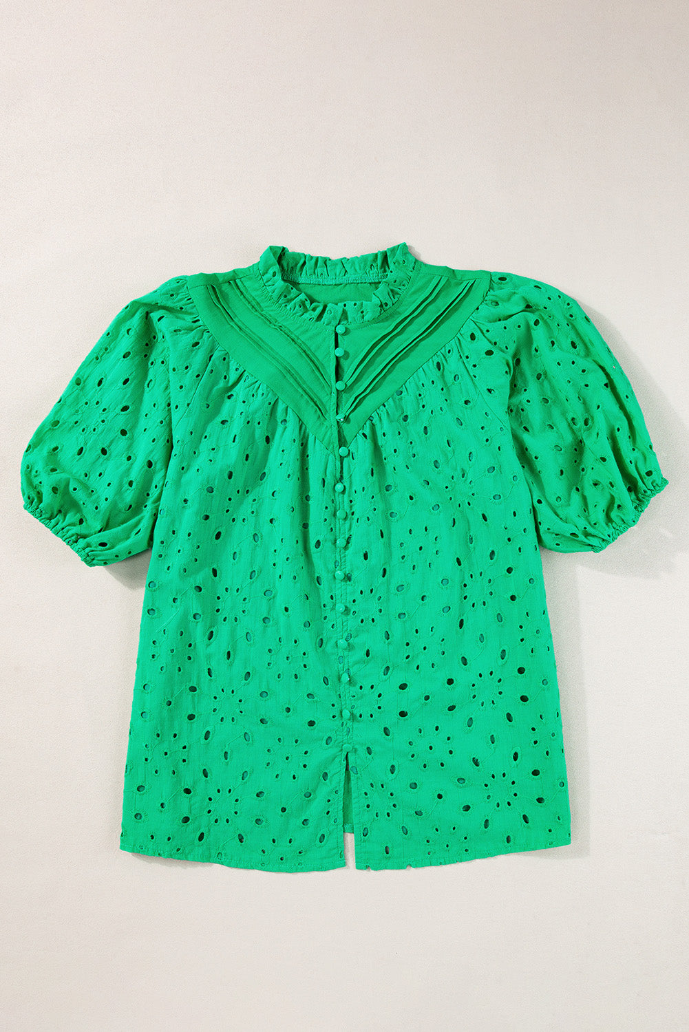 Black Hollow-out Flower Embroidered Short Puff Sleeve Blouse