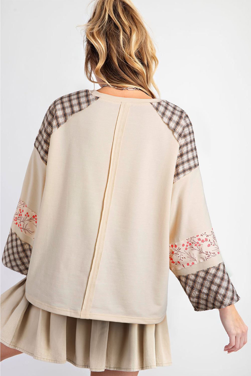 Aqua Plaid Floral Patchwork Heart Long Sleeve Top