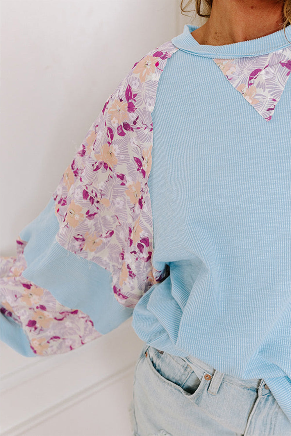 Apricot Crinkle Rib Floral Patchwork Balloon Sleeve Top