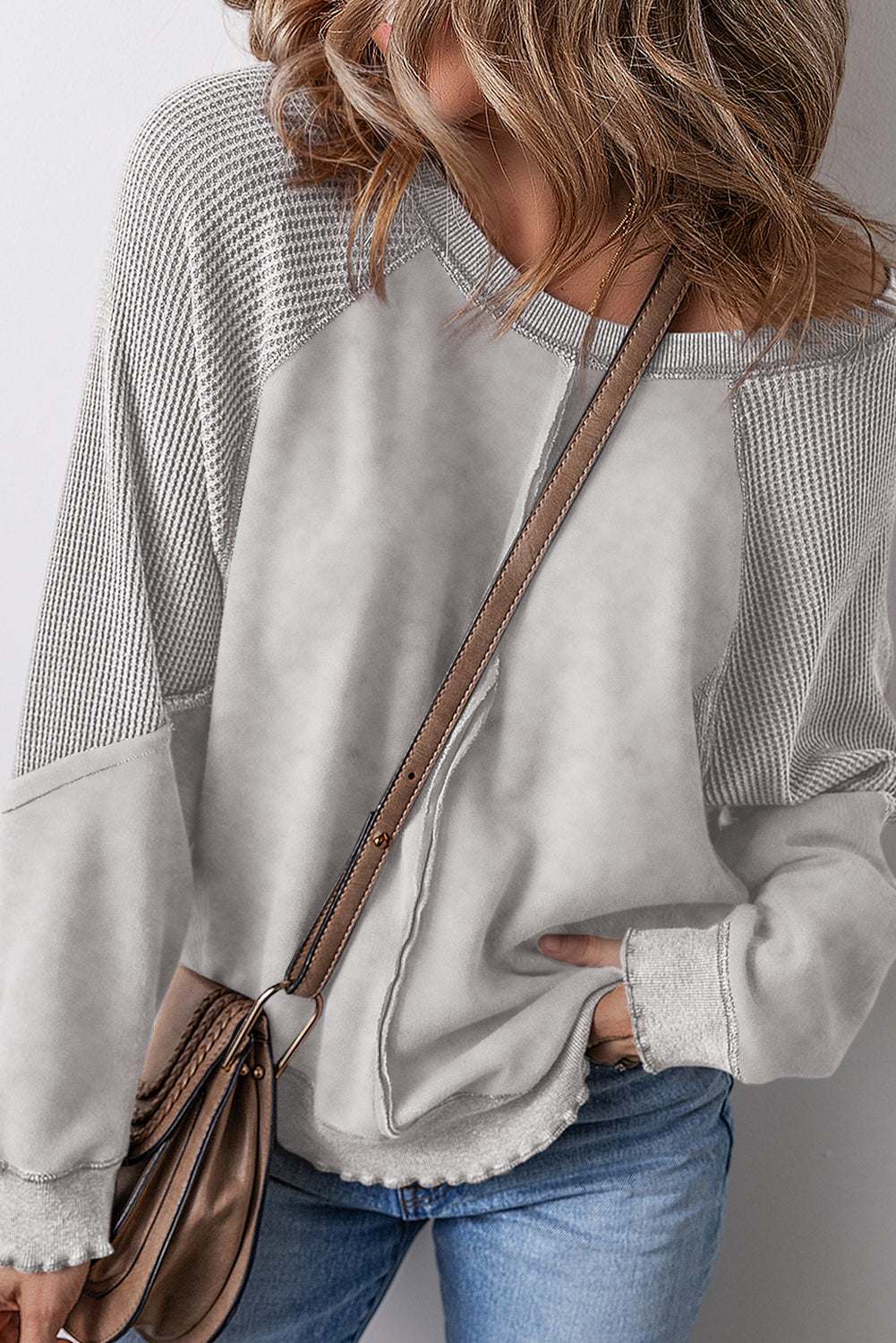Sail Blue Waffle Knit Patchwork Raglan Sleeve Sweatshirt