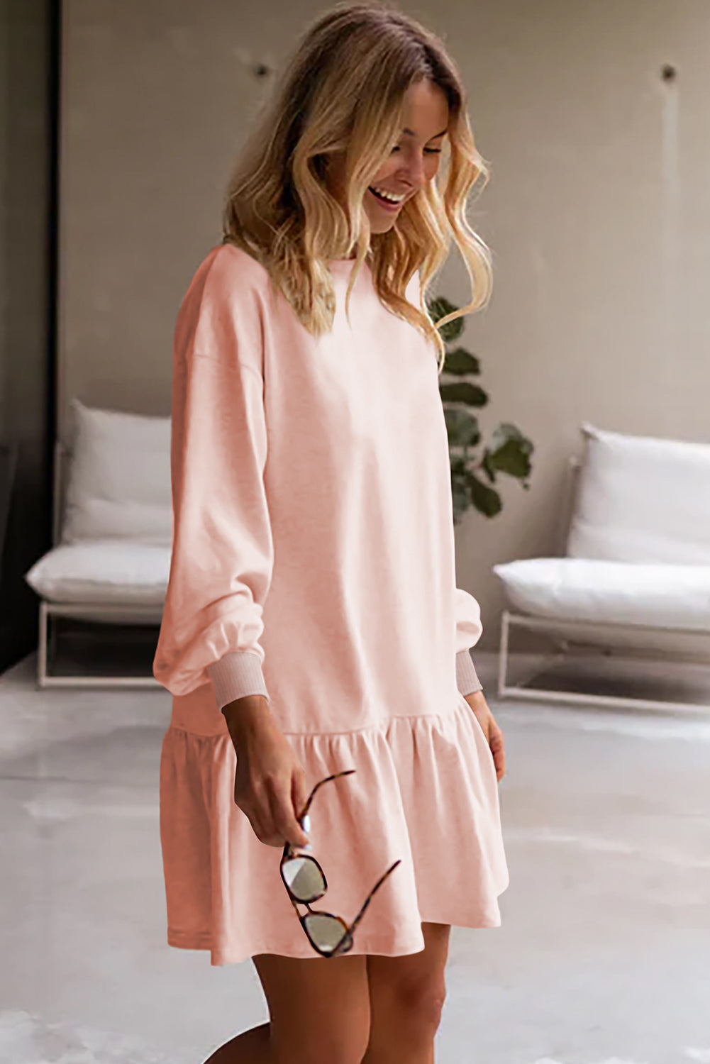 Black Solid Color Ruffle Hem Mini Sweatshirt Dress