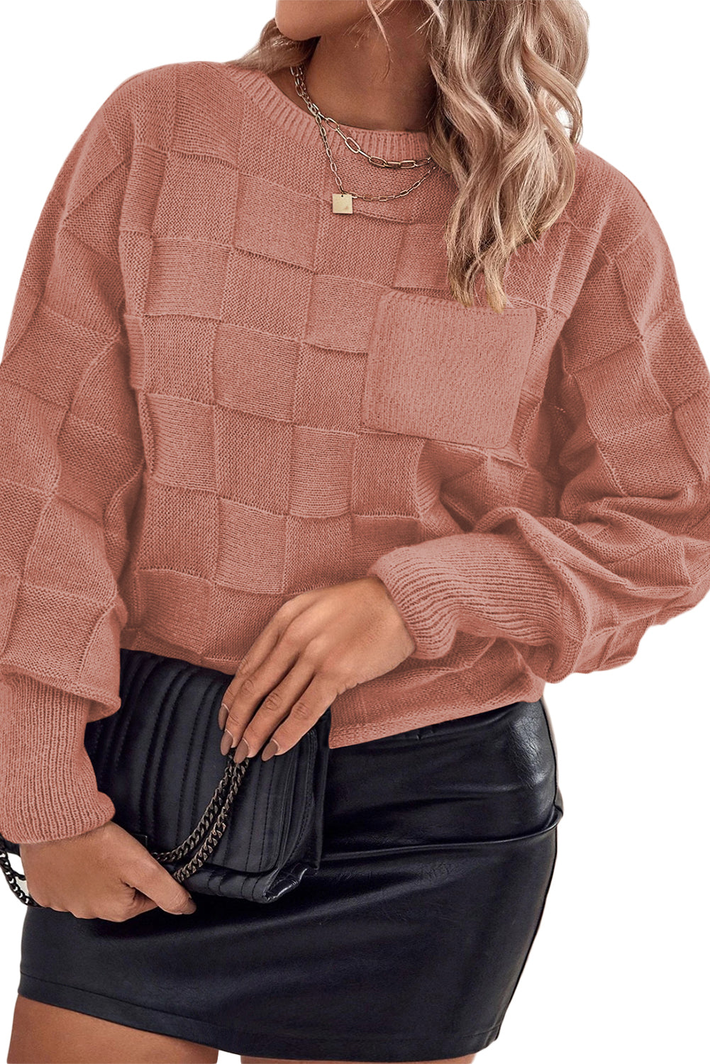 Light French Beige Solid Checkered Textured Knit Plus Size Sweater