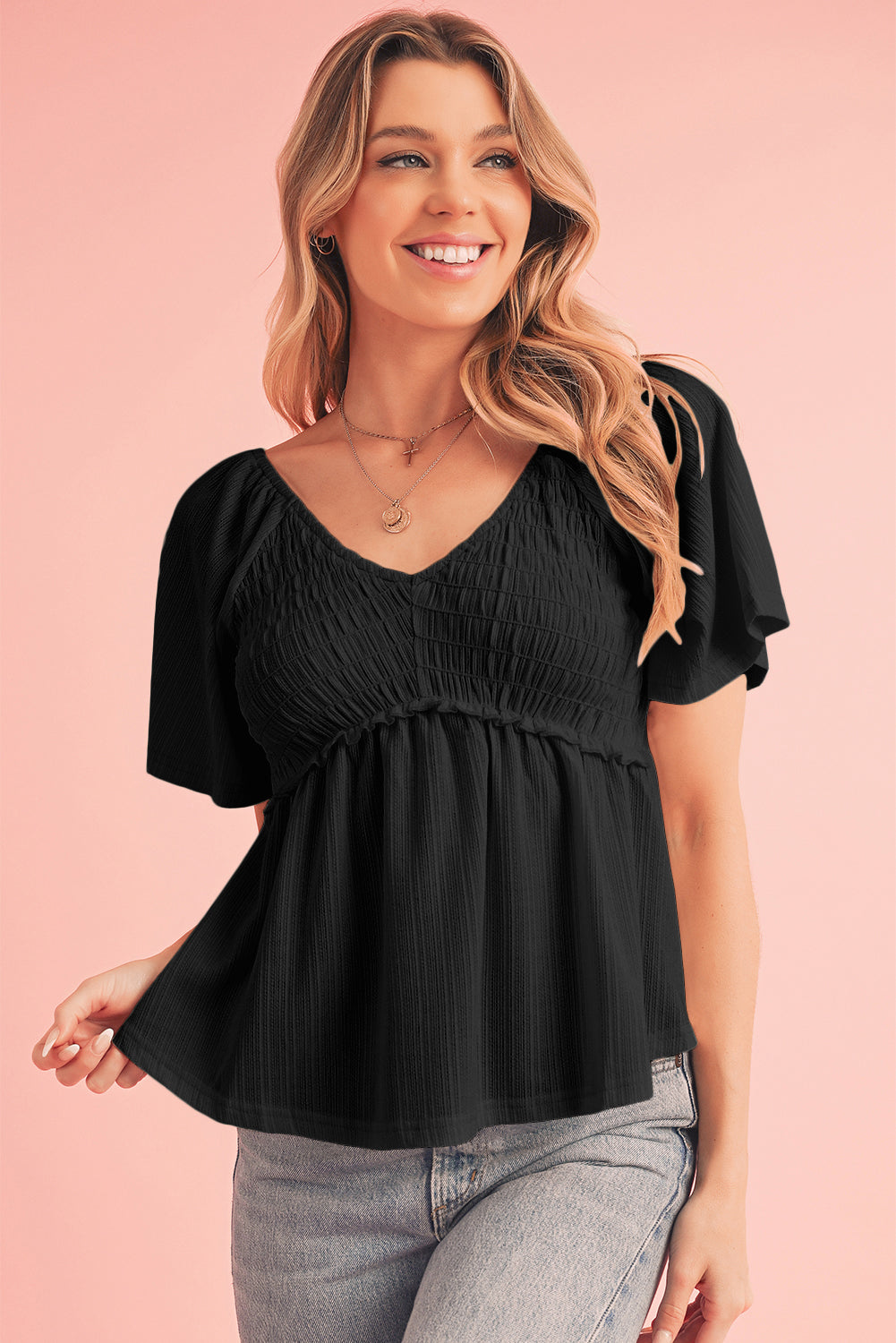 Black Shirred V Neck Short Flutter Sleeve Textured Blouse