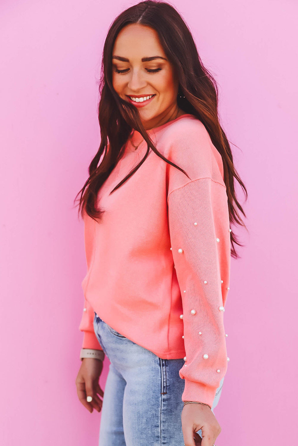 Blossom Pearl Sleeves Ribbed Pullover Sweatshirt