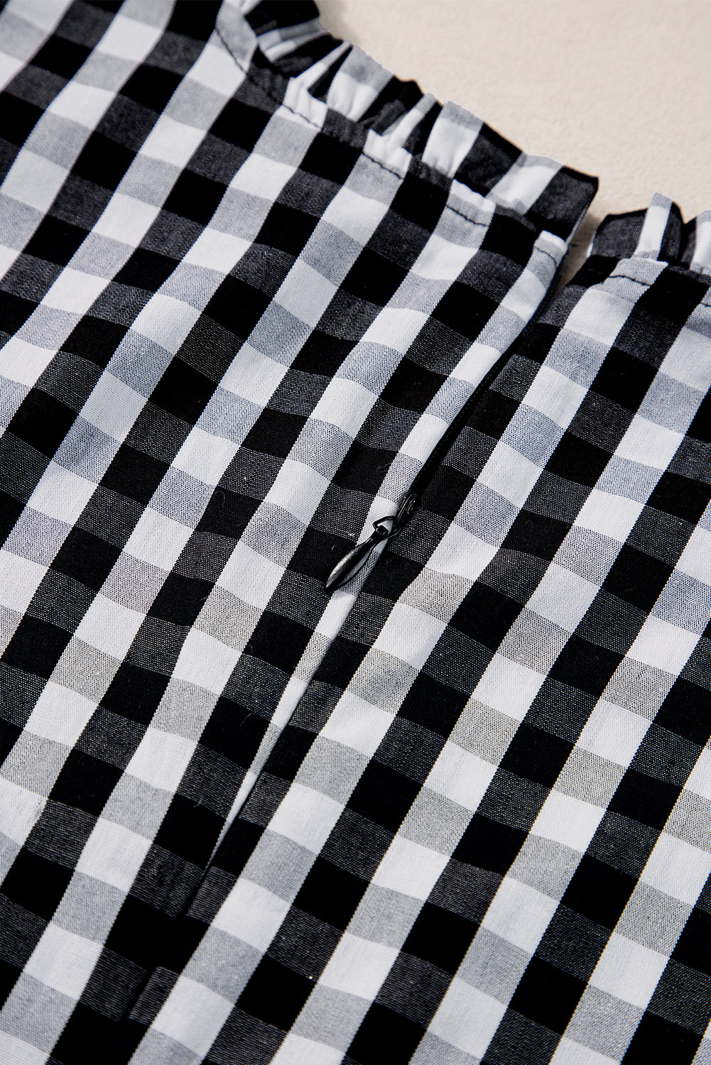 Black Checkered Ruffled Trim Frilled Neck Blouse