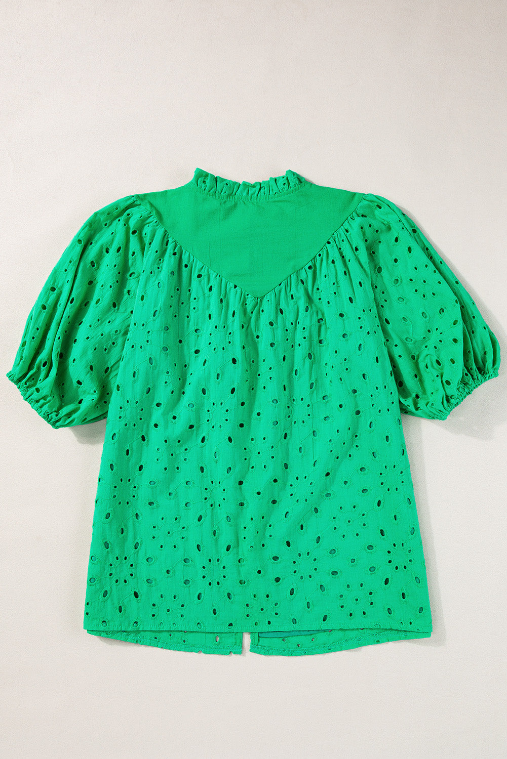 Black Hollow-out Flower Embroidered Short Puff Sleeve Blouse