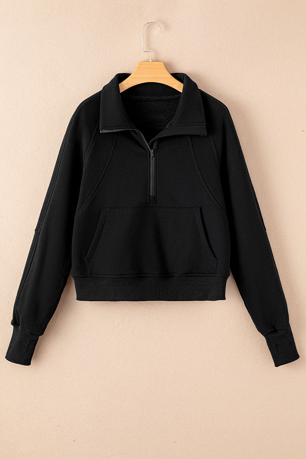 Brown Zip Up Stand Collar Thumbhole Sleeve Sweatshirt