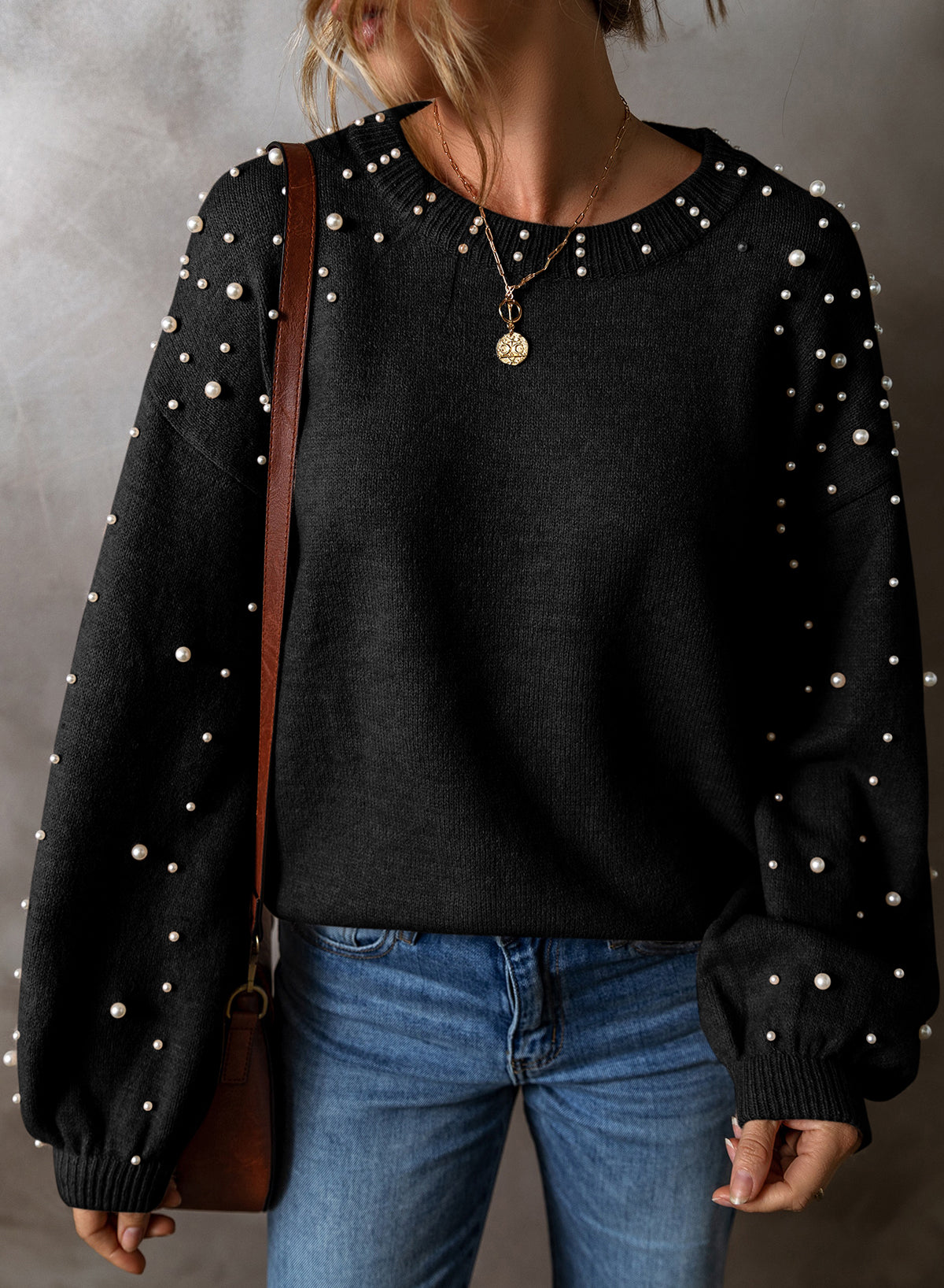 Light Grey Pearl Drop Shoulder Round Neck Sweater