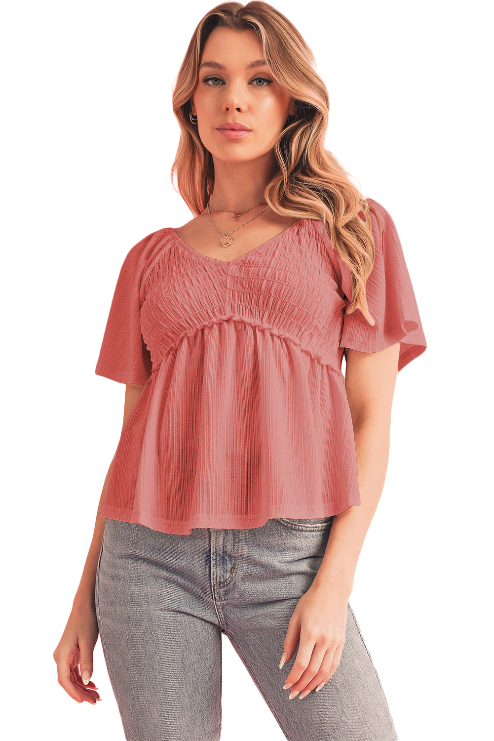 Black Shirred V Neck Short Flutter Sleeve Textured Blouse