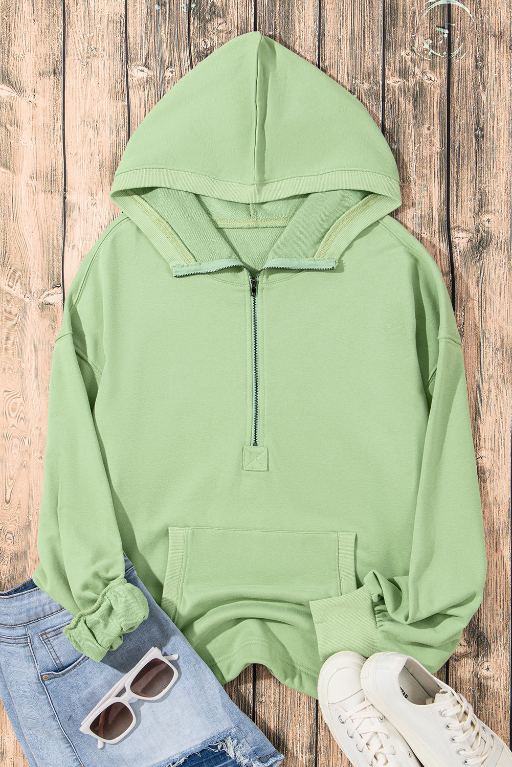 Aruba Blue Kangaroo Pocket Half Zipper Oversized Hoodie