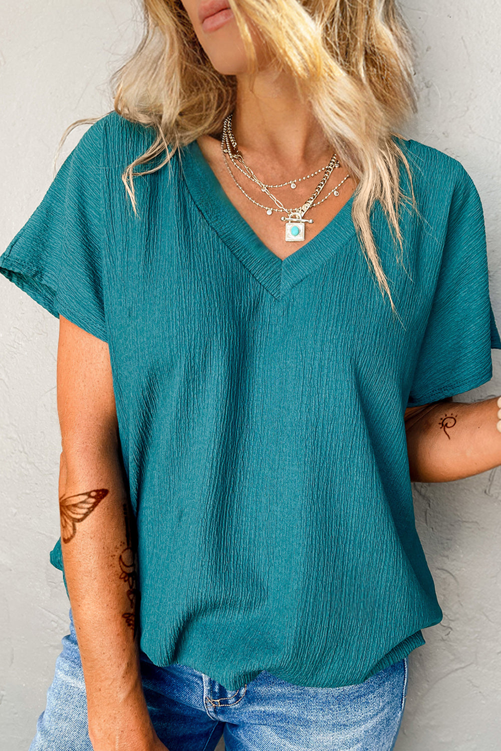 Blue Plain Crinkled V Neck Flounce Sleeve T Shirt