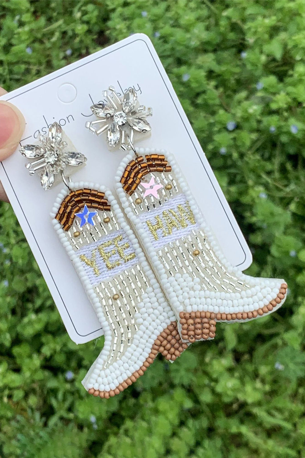 Beige Rice Beaded Boots Dangle Earrings