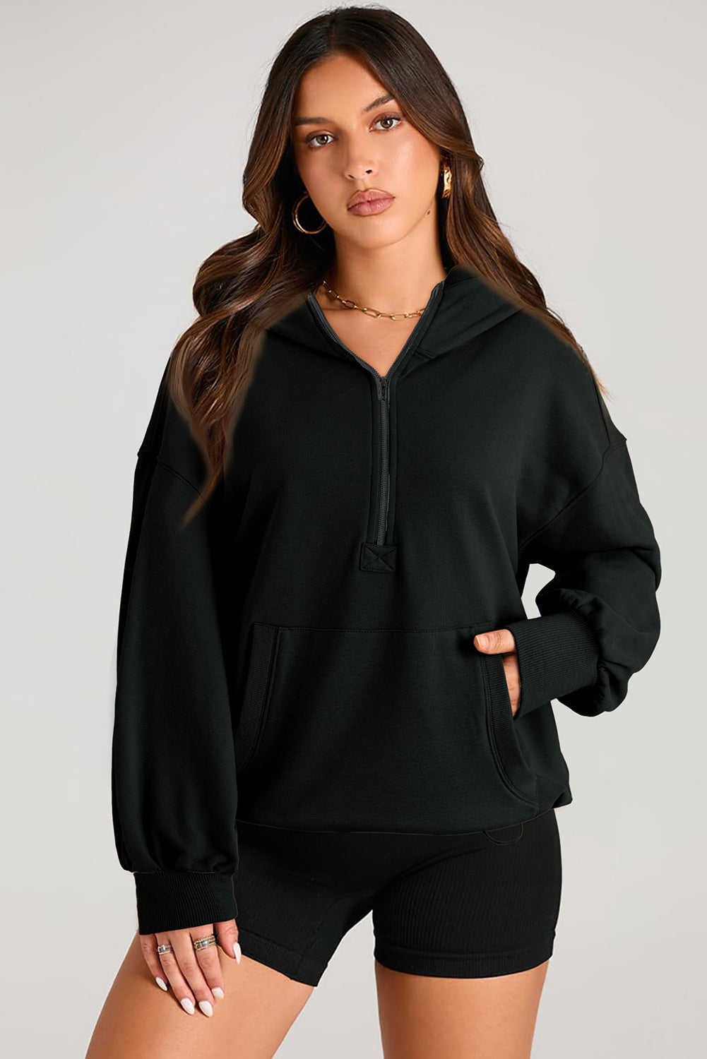 Aruba Blue Kangaroo Pocket Half Zipper Oversized Hoodie